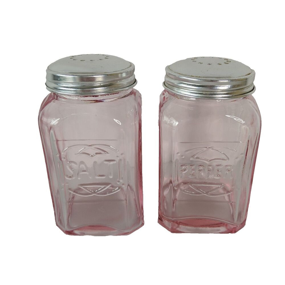 Vintage Hazel Atlas Pink Embossed Glass SALT & PEPPER Shakers Original Tops